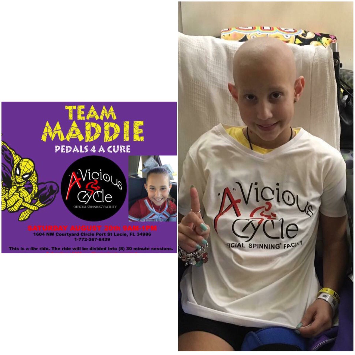 OfficialMFF06's tweet photo. TEAM MADDIE PEDALS 4 A CURE, Come on out & support #maddiesfight this Sat Aug 20th, 9am-1pm. TYSM #aviciouscycle
💜💛 https://t.co/wJlLGOz3dG