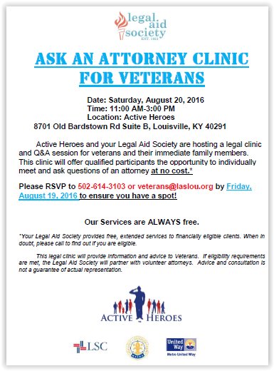 We will be helping Kentucky Veterans address their civil legal issues <a href="/ActiveHeroes/">Active Heroes</a> this Saturday. #ProBono #LSC