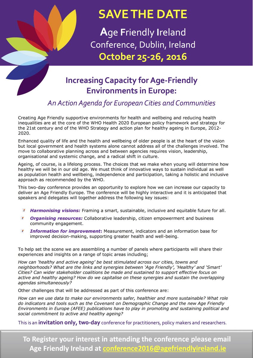 Save the date! October 25-26 2016:  <a href="/AgeFriendlyIrl/">Age Friendly Ireland</a> conference on Smart, Healthy and Age Friendly cities.