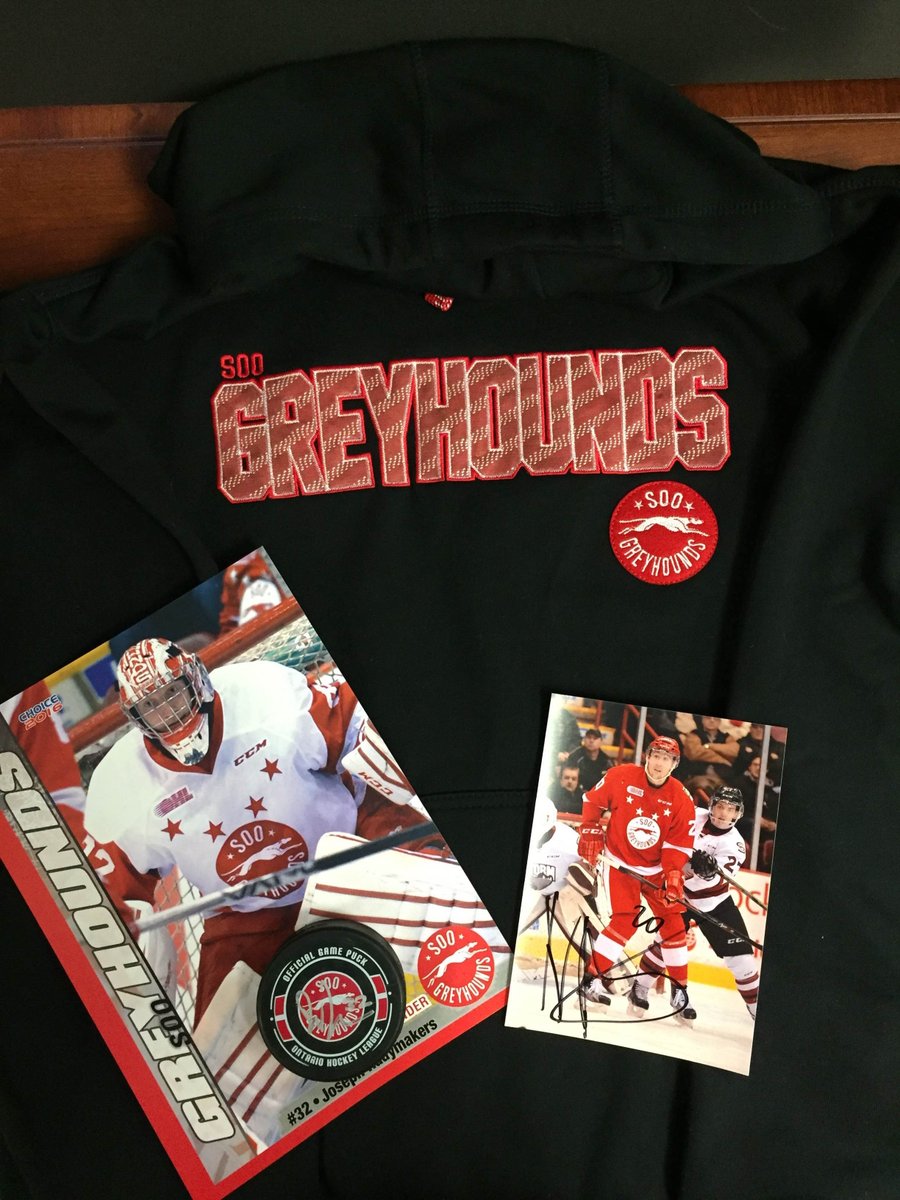 OHLHoundPower's tweet photo. For today’s giveaway we’ve got a hoodie and autographed items from Joseph Raaymakers &amp; #HoundsAlumni Nick Ritchie. https://t.co/jmwqy0Wknw
