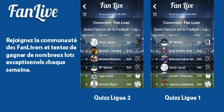 News,Tchat,Quizz #Ligue1 #Ligue2
Plusieurs milliers de FanLivers, téléchargez l'application: fan-live.orevonlabs.com