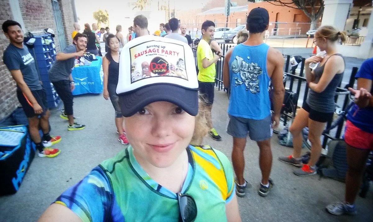 RunWalkSarah's tweet photo. Excited for another run w/ @DogHausRunClub. Got to test run a pair of @HOKAONEONE. And hey, free @sausage_party hat! https://t.co/Uhzb62tacQ