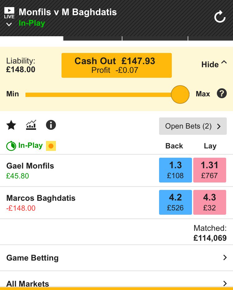 SportsTrader3's tweet photo. Trade 3. Monfils to beat Bagdhatis: £148 @ 1.31 https://t.co/5l2L1ZR2Ot