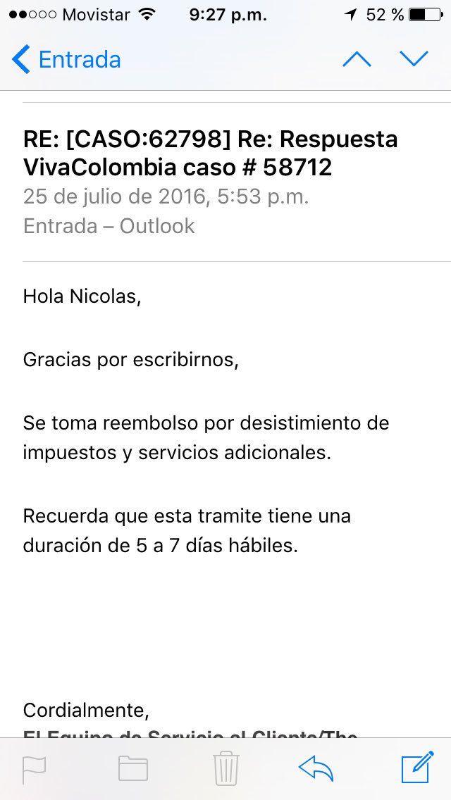 NBaraya's tweet photo. @VivaColombiaco desde el 25 de Julio me aceptaron reembolso por desistimiento y no se ha generado @sicsuper https://t.co/suHzP9RmAs