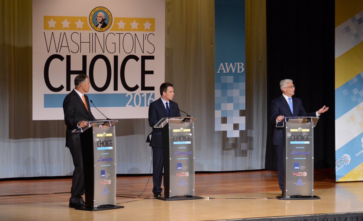 awbolympia's tweet photo. Candidates for governor discussing unemployment &amp; job creation statewide, moving to min wage #waelex #awbdebates16 https://t.co/tI0hflGs3U