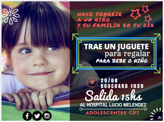 Sumate
Este Sabado 15hs 
Vamos al hospital a llevar esperanza y tambien juguetes a los niños internados.
Nos vemos