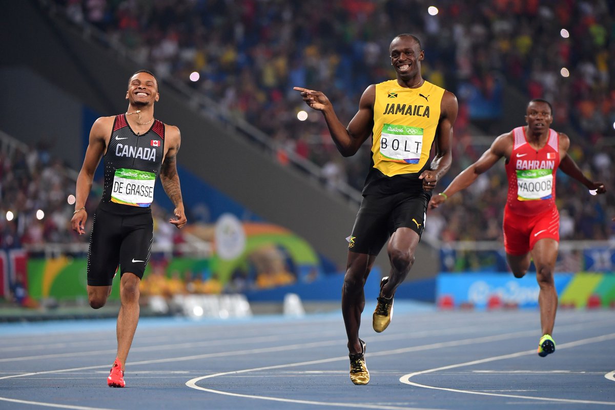 TrackieNation's tweet photo. DeGrasse: Usain, what do runners do when they forget something? 
Bolt: Tell me.
DeGrasse: They JOG their memory. https://t.co/uZQHXCKl2U