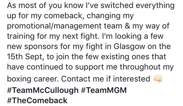 RT! looking for a few new sponsors to join #TeamMcCullough for my next fight! #TheComeback #TeamMGM