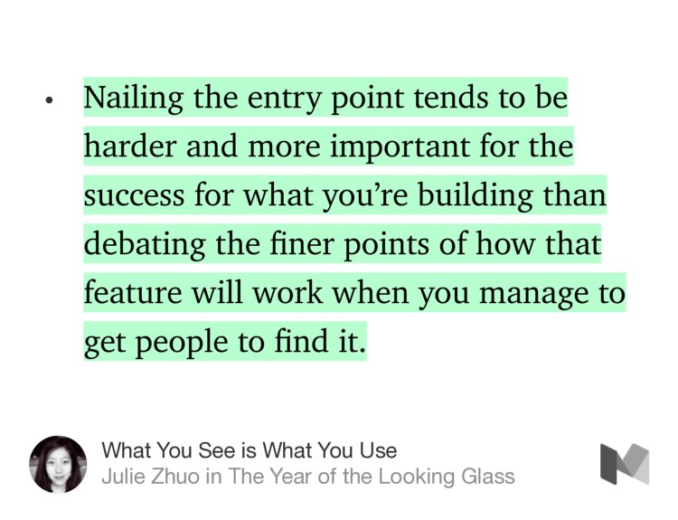 “Nailing the entry point tends to be harder and more important for the success…” — <a href="/joulee/">Julie Zhuo</a> medium.com/the-year-of-th…