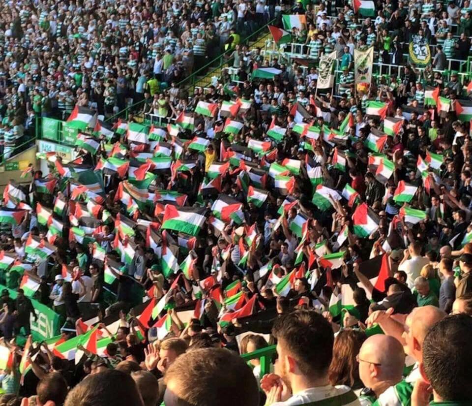 palinfoen's tweet photo. Celtic fans were warned not to raise Palestine flag when Celtic play Israeli team. So they raised a thousand flags. https://t.co/kNOLRIVS0L