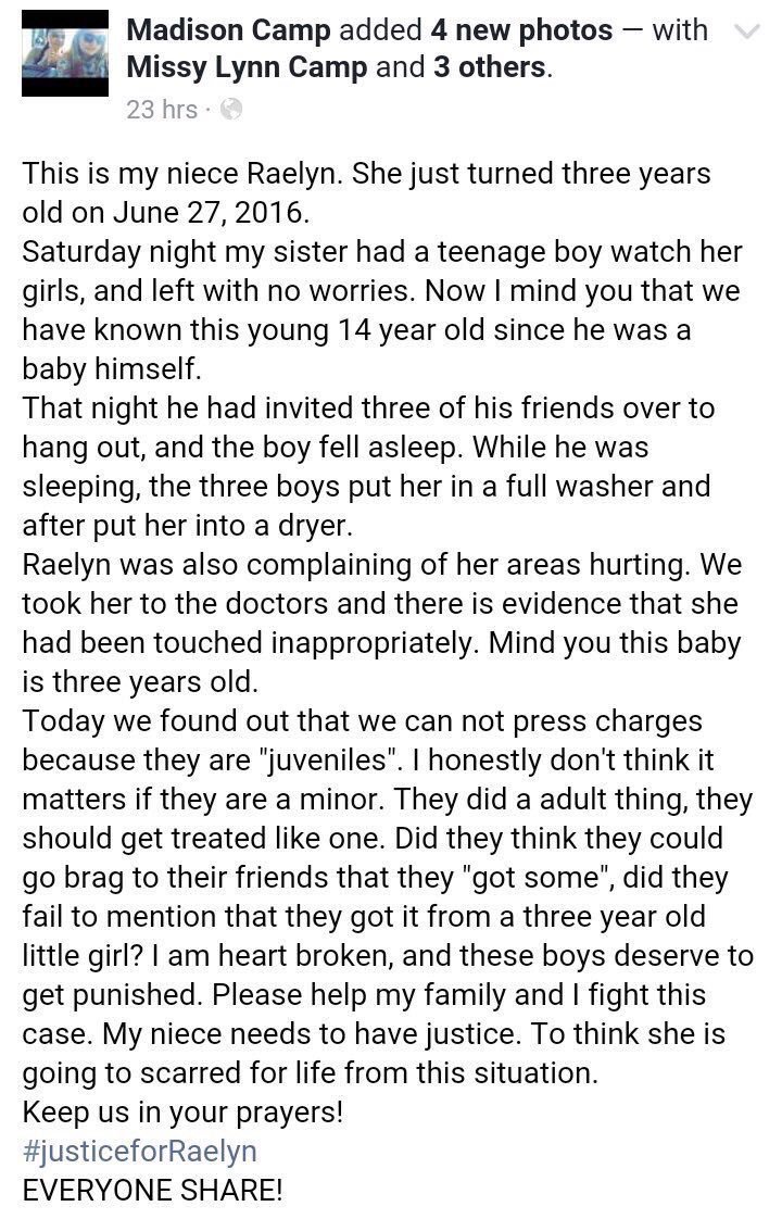 thefemaleboook's tweet photo. this is so heartbreaking and so messed up #JusticeForRaelyn https://t.co/64gFirhV1X