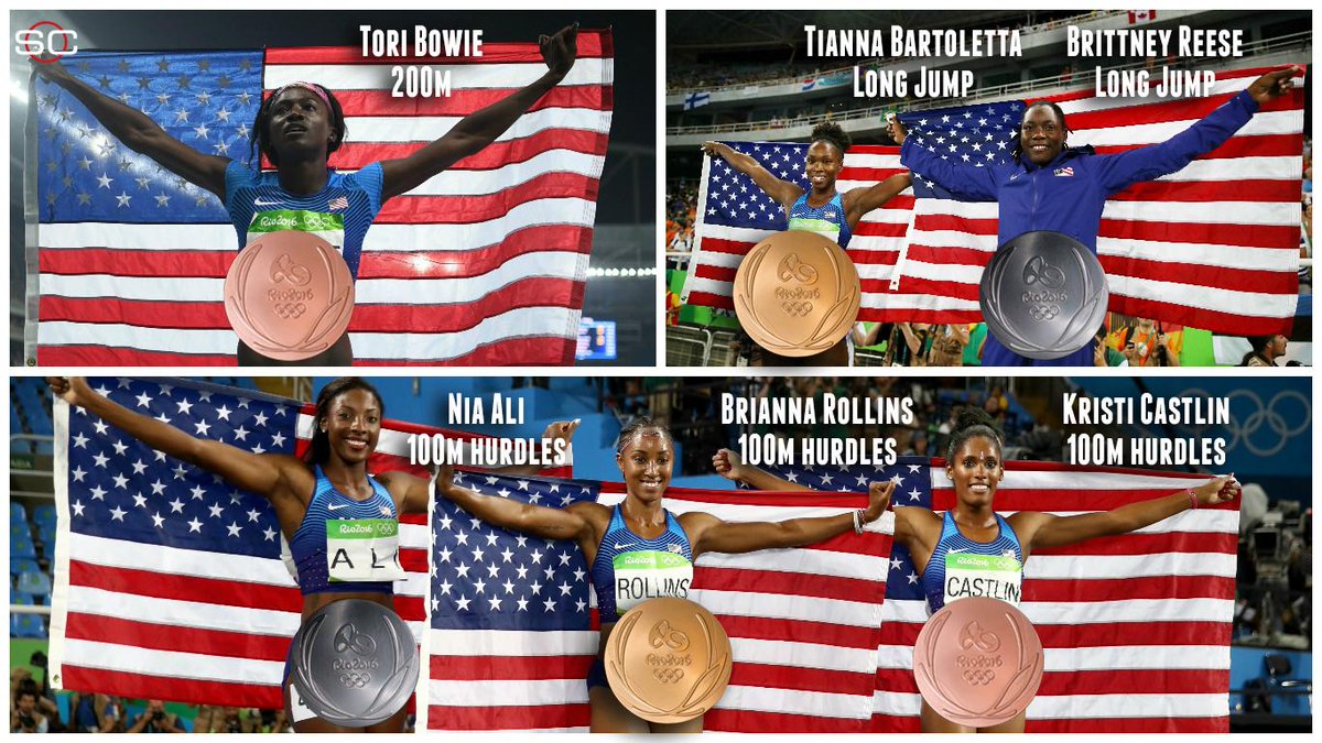 SportsCenter's tweet photo. Incredible night for American women in track and field as they earn 6 medals (2 golds, 2 silvers, 2 bronzes). https://t.co/7oGcN3WPsO
