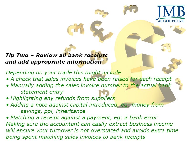 jmbaccount's tweet photo. Tip Two – Review all bank receipts and add appropriate information https://t.co/wNoqbZGutc