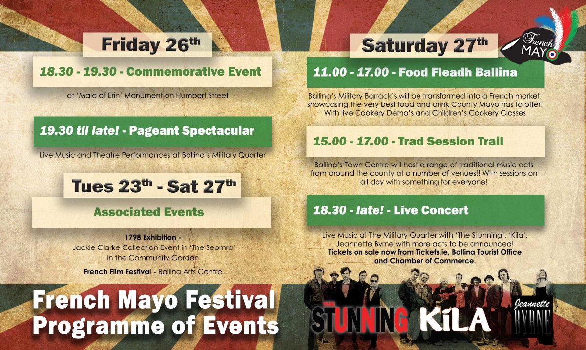 FrenchMayo2016's tweet photo. Full List Of Events #FrenchMayo2016 26th &amp; 27th Aug!! @MayoNorth @ChamberBallina @MayoDotIE @wildatlanticway https://t.co/A7LVXzpZCI