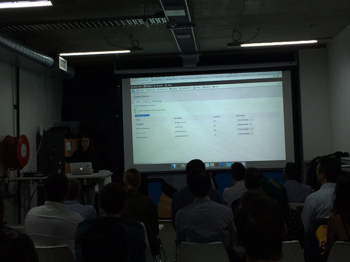 .<a href="/pameeela/">pameeela</a> talking about #yaml forms module in #drupal #sydney #meetup tonight. Comparing to contact module