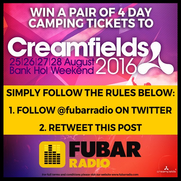 FubarRadio's tweet photo. 🎉 YES! We have another pair of #creamfields2016 #tickets to #giveaway today! 🎉

Follow &amp; RT to #win! #competition https://t.co/BDHjnesfKd