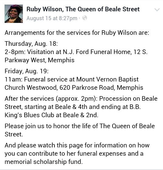 MsRubyWilsonQOB's tweet image. To  @MsRubyWilsonQOB Legendary Queen of @BealeStreetMemphis fans,  sadly the funeral arrangements #RIPMsRubyWilson