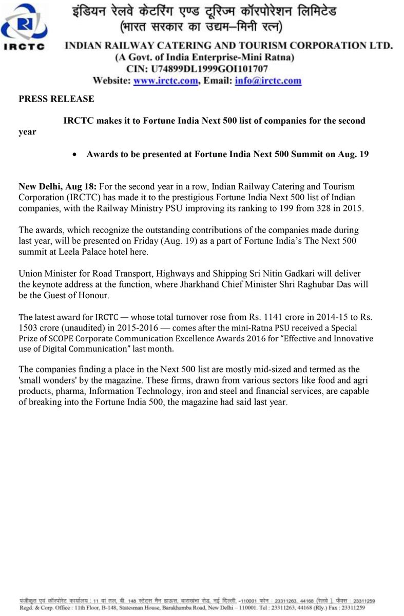 PRO-IRCTC (@irctcpro) on Twitter photo .<a href="/IRCTC_Ltd/">IRCTC LTD</a> makes it to Fortune India Next 500 list of companies for the second year <a href="/sureshpprabhu/">Suresh Prabhu</a> .<a href="/IRCTC_Ltd/">IRCTC LTD</a> makes it to Fortune India Next 500 list of companies for the second year <a href="/sureshpprabhu/">Suresh Prabhu</a>