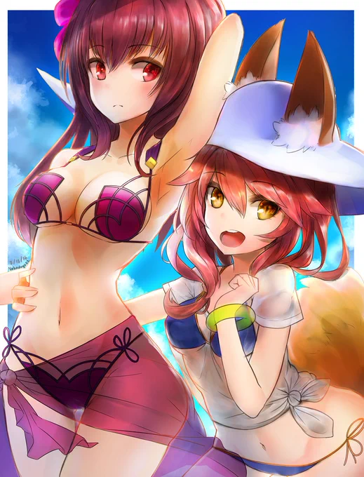 「水着姿のスカサハ先生と玉藻ちゃん」を描いてみたにゃ。これからは新サークル「猫だよ」をよろしくお願いするにゃ。#FateGO 