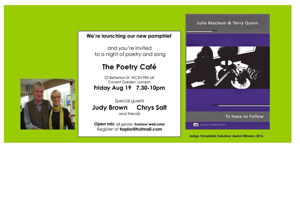 Poetry Cafe tomorrow night Launch of top @IndigoDreamsPub pamphlet @juliemaclean@The1000monkeys