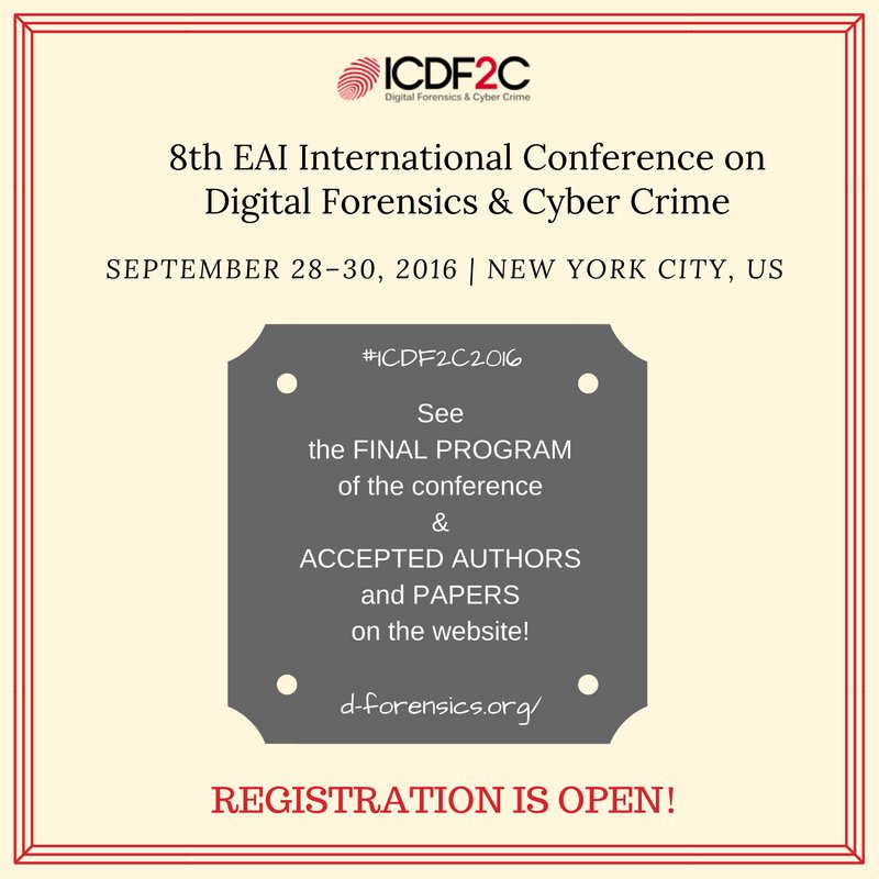 EAI_Social's tweet photo. Participate in #ICDF2C2016 and join us in #NewYork! Know more: https://t.co/9MLrY8fT3d #DigitalForensics #CyberCrime https://t.co/gAXm0v4Ryu