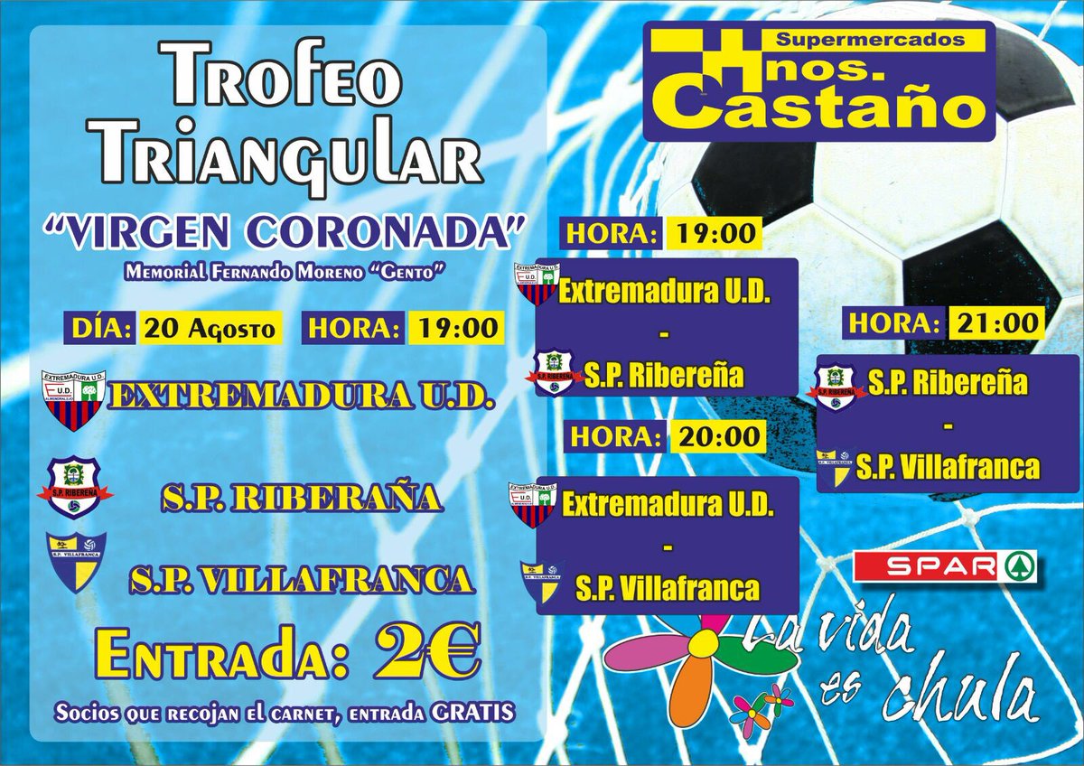 Sábado 20

19:00 h

Trofeo Virgen Coronada 

<a href="/EXT_UD/">Extremadura UD</a> 
<a href="/spriberena/">SP RIBEREÑA</a> 
<a href="/SPVOFICIAL/">S.P. VILLAFRANCA</a> 

Aprovecha la ocasión y hazte socio.