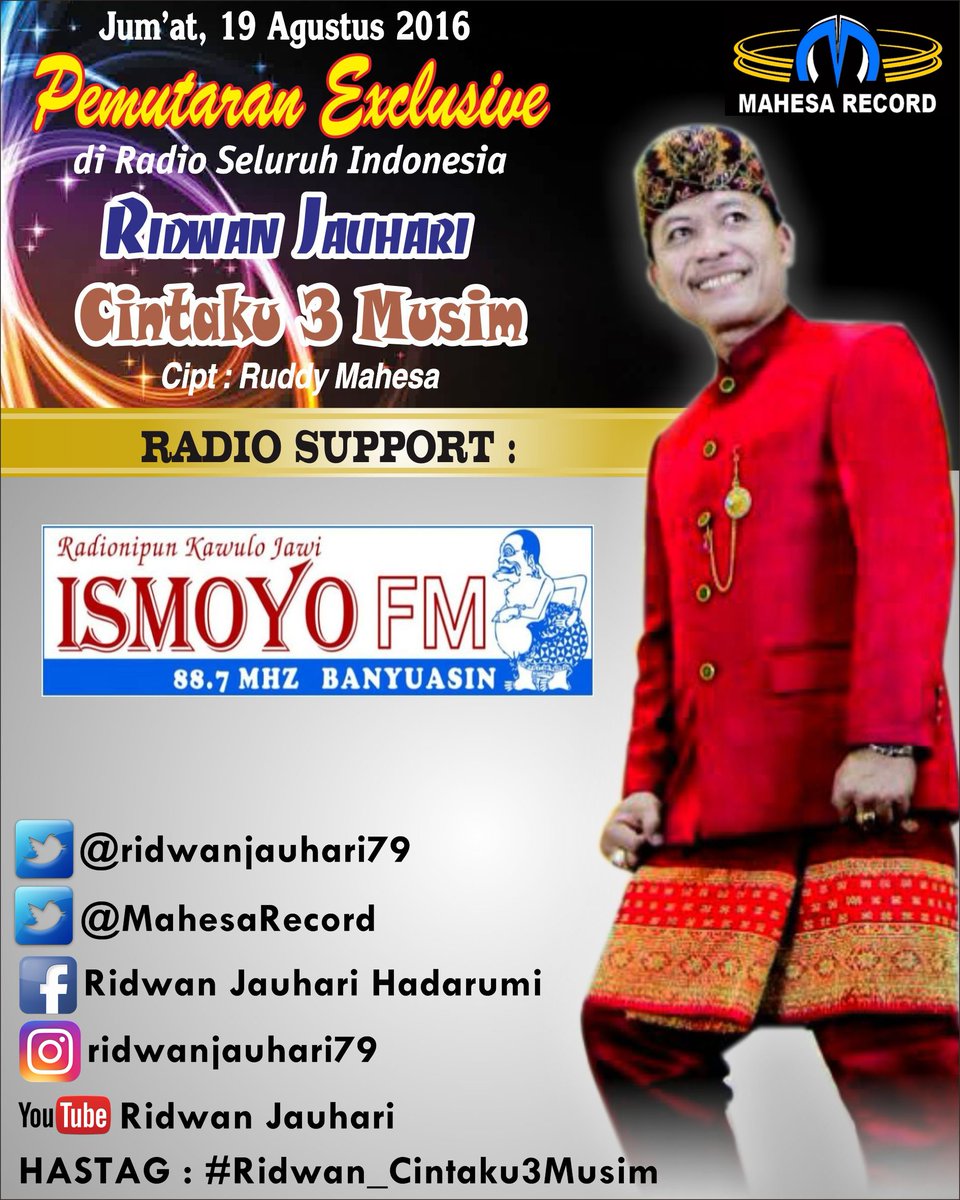Radio_ismoyofm's tweet photo. Jangan Lupa Dengarkan Pemutaran serentak @ridwanjauhari79 #3Musim Jumat 19 Agustus 2016 di #SalamDangdut jam 8-9 pgi https://t.co/LbzKjJwM67