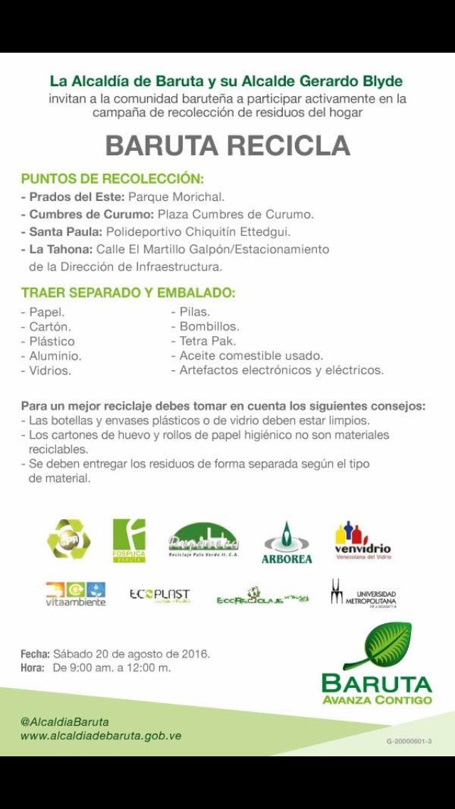 EcoClickve's tweet image. Sábado 20 de Agosto, la Alcaldía de Baruta llevará a cabo jornada de reciclaje. Verifica que residuos llevar.