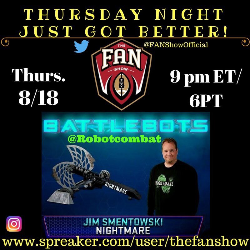 FANShowOfficial's tweet image. TONIGHT!
#ThrowdownThursday with @Robotcombat of @BattleBotsABC!
Don&apos;t miss it. @BattleBots