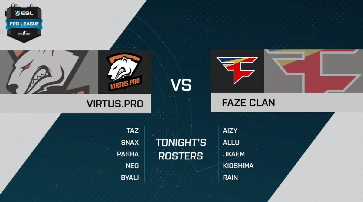FaZeClan's tweet photo. FaZe CS:GO is live with a Pro match vs Virtus Pro! Watch &amp; support the team here:

https://t.co/vEGFTkWT3D #FaZeUp https://t.co/6mueJfhsuq