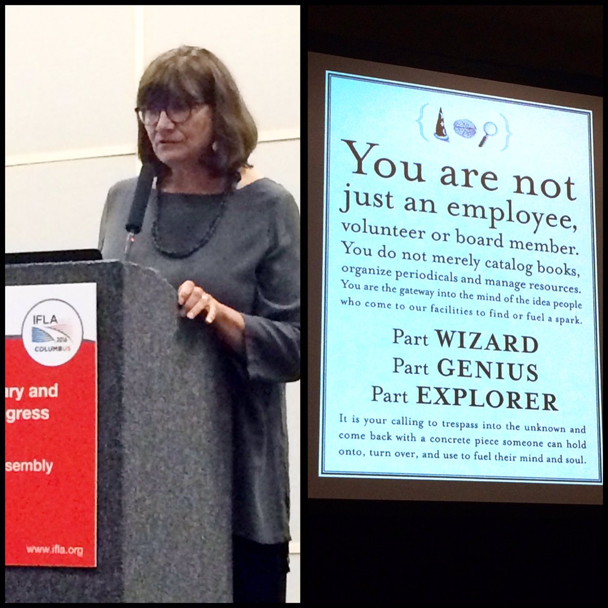 CbusLibraries's tweet photo. "Brand starts with staff." Pam Sandlian-Smith @ilovemyanythink #WLIC2016 #IFLA2016 https://t.co/WHBAPegDfr