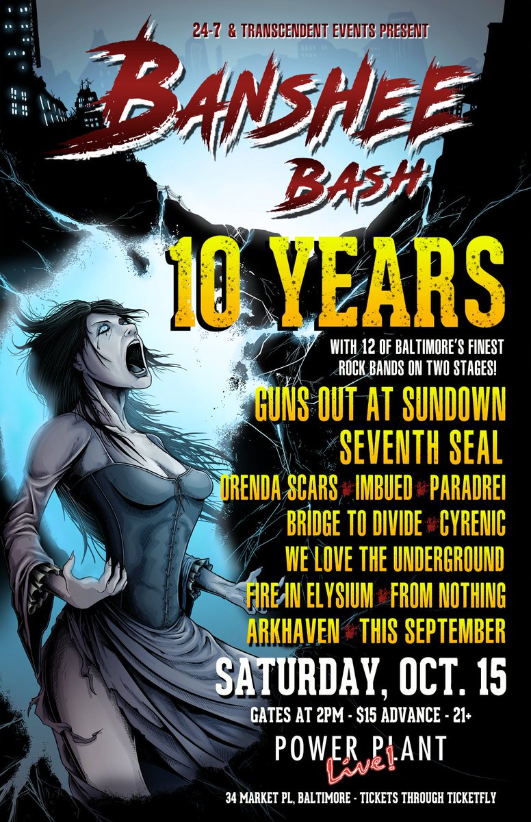 TranscendentMD's tweet photo. HUGE ROCK SHOW! @10years headlines Banshee Bash with 12 rocking MD bands 10/15 in @POWERPLANTLIVE! @GunsOutOfficial https://t.co/CtAuIOA7zw