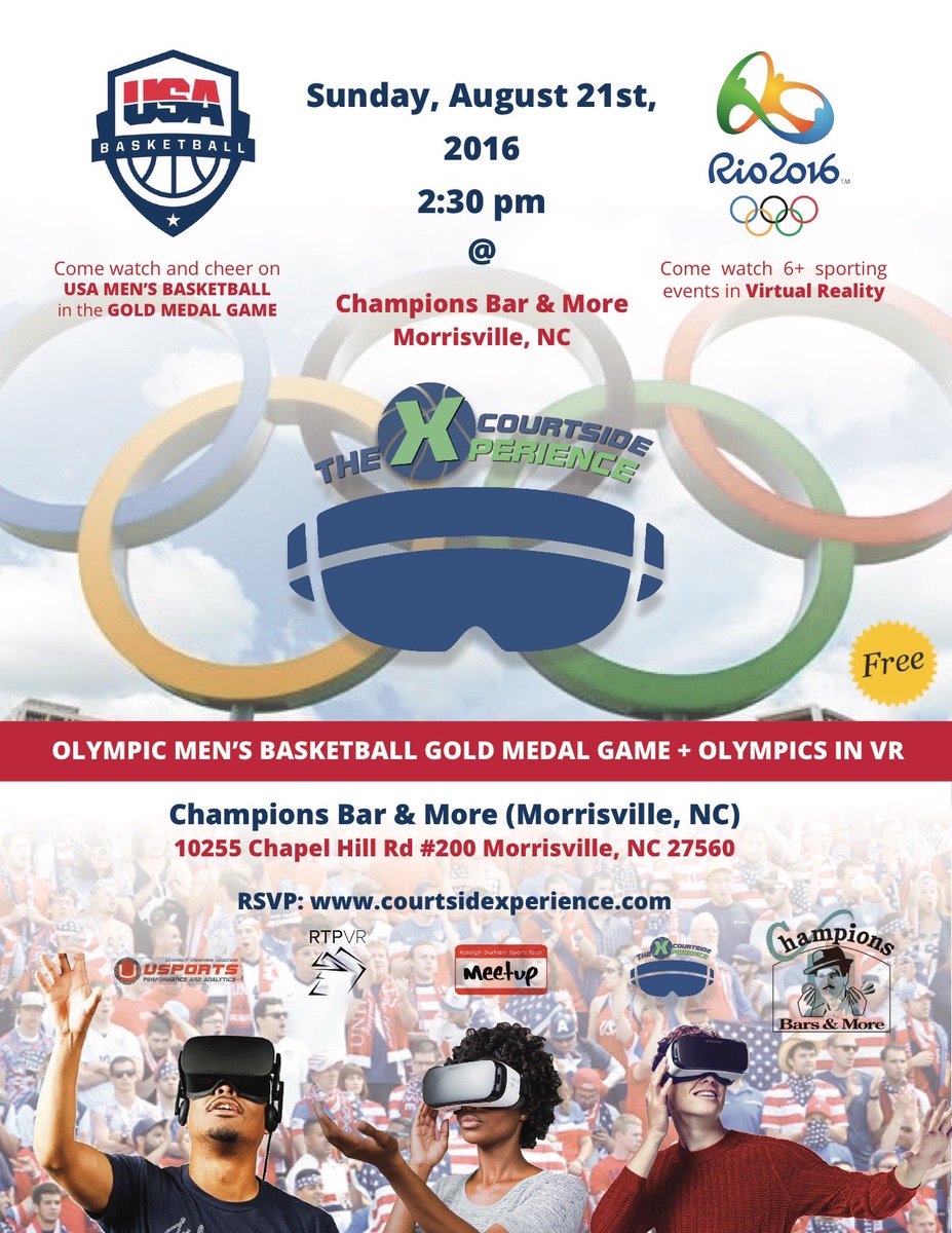 RTPVR's tweet image. Have a "Courtside Xperience" w/ the #Olympics in #VR! 2:30pm Sunday at Champions Bar. RSVP: courtsidexperience.splashthat.com