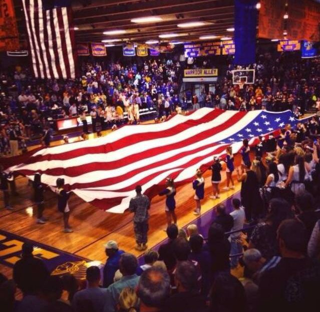 sburgcheer's tweet photo. One of Scottsburg's #SchoolTraditions is holding the American Flag with our rival school each basketball season🇺🇸 https://t.co/JdnFl3gxS5