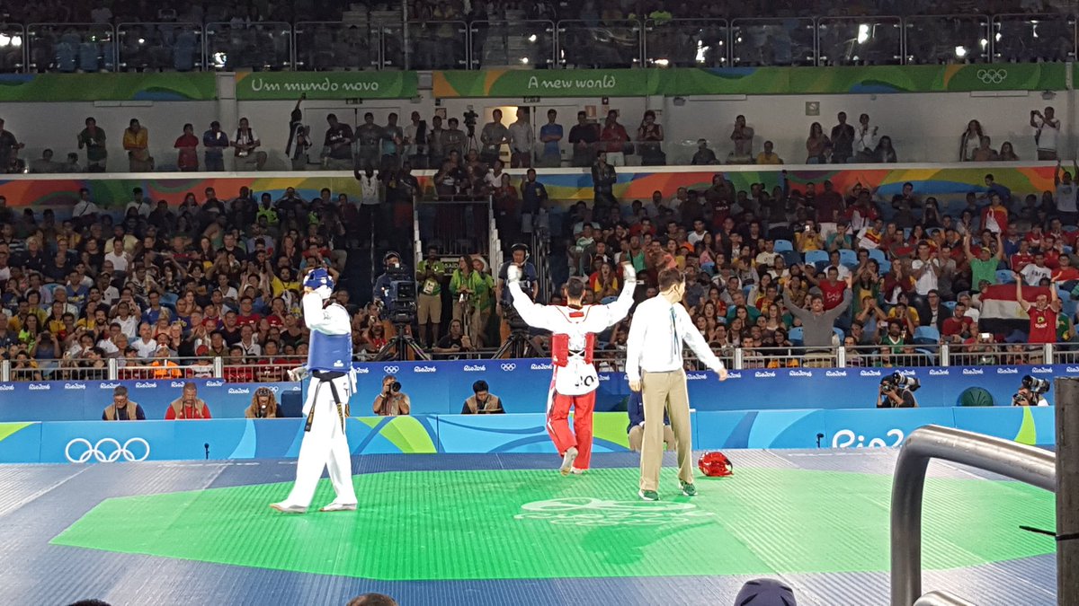 Olympics's tweet photo. Ahmad Abughaush (#JOR) won #gold in men's -68kg taekwondo. Congrats! #Olympics #taekwondo https://t.co/gyKpBz7hsr