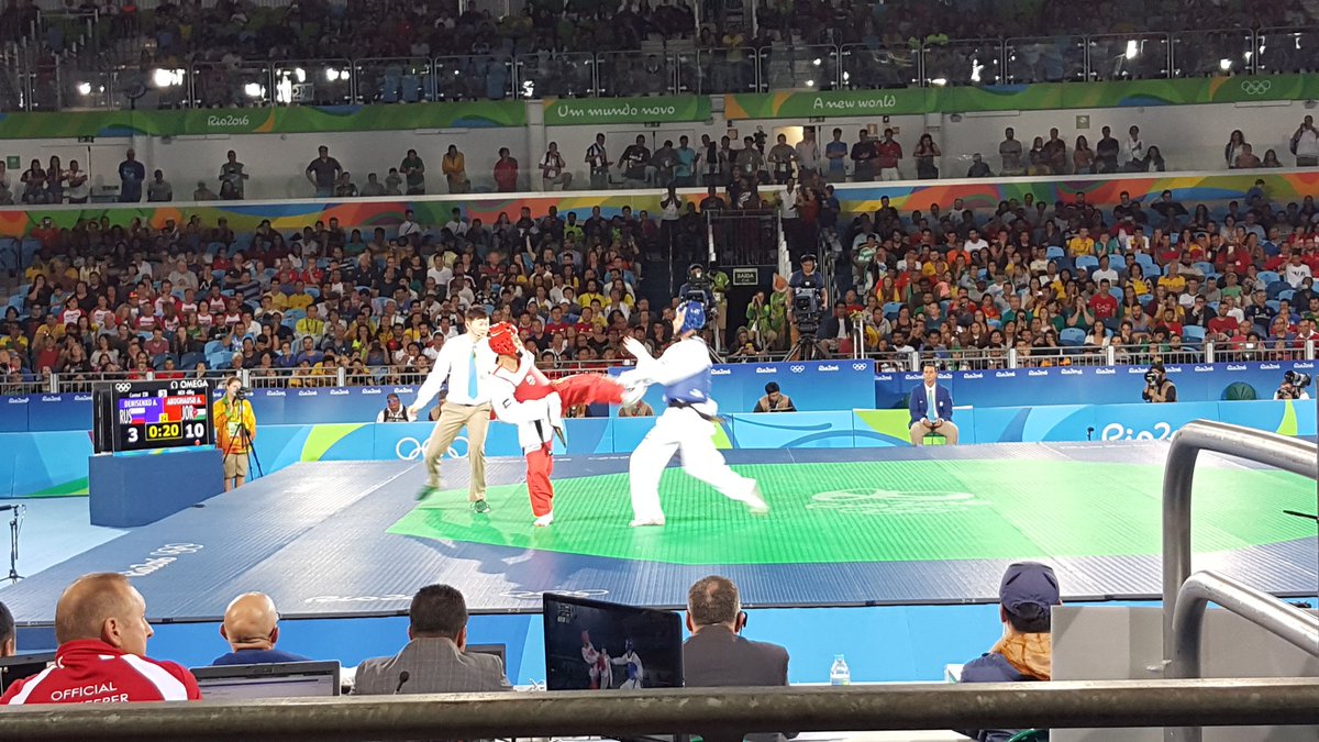 Olympics's tweet photo. Ahmad Abughaush (#JOR) won #gold in men's -68kg taekwondo. Congrats! #Olympics #taekwondo https://t.co/gyKpBz7hsr