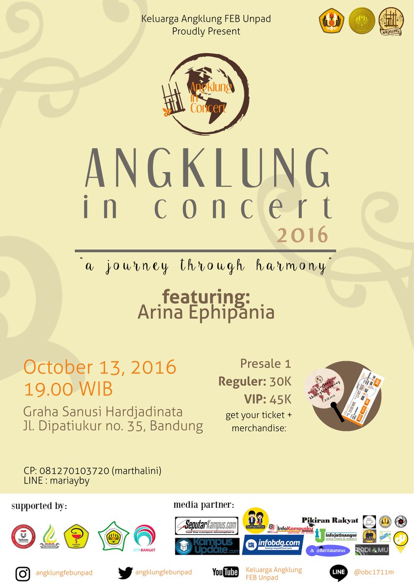 Angklung In Concert 2016, Reg 30k VIP 45k. Yuk beli tiketnya dan dapatkan FREE MERCHANDISE!