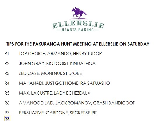 Ellerslie_Races's tweet photo. Tips for the Pakuranga Hunt meeting at Ellerslie on Saturday https://t.co/tTm4Ammzel