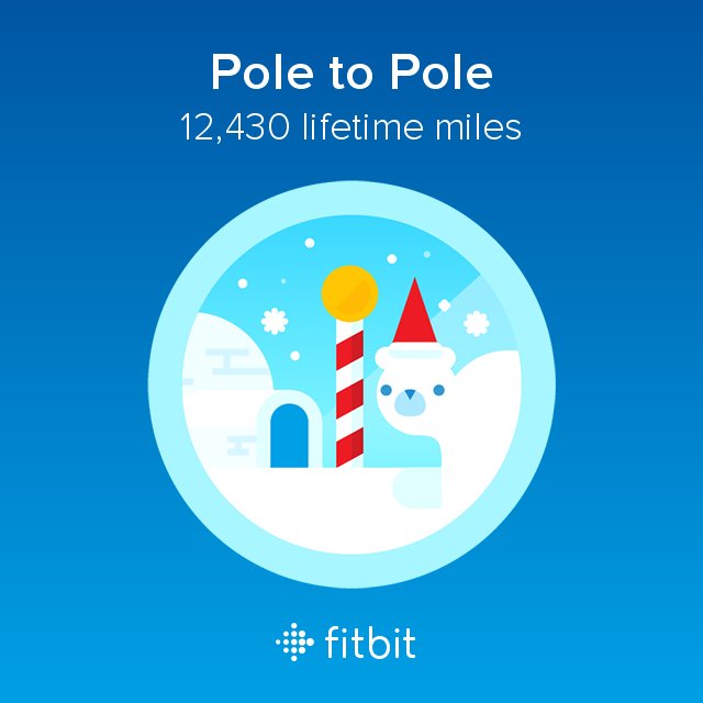 I covered 12,430 miles with my #Fitbit and earned the Pole to Pole badge today! That's roughly 28M steps<a href="/tag/fitbit"class="tags">#Fitbit</a>