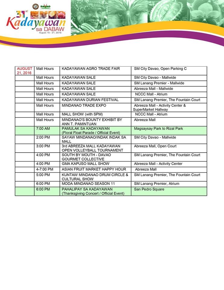 ARefineryPH's tweet photo. For your guide here the activities of Kadayawan Event in Davao. Don't forget to visit A.Refinery at Abreeza Mall. https://t.co/VX4hQKdWcL