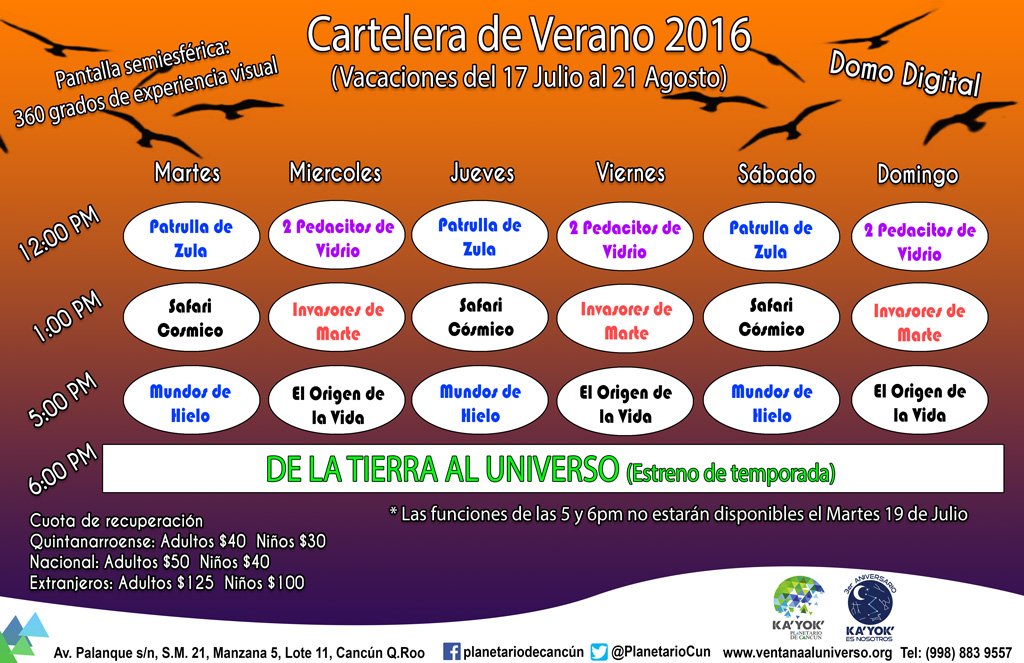 PlanetarioCun's tweet photo. Durante vacaciones,de Martes a Domingo, talleres y proyecciones diario en Ka'Yok' para tu aprendizaje y diversión https://t.co/zJafNpUdfa