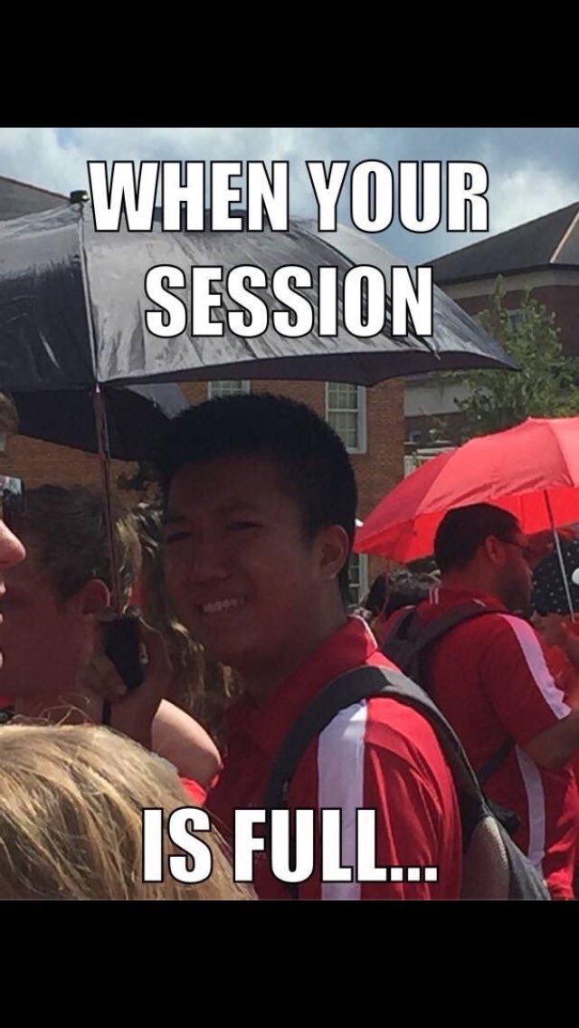 ULRaginCajun11's tweet photo. How freshmen felt yesterday when they got to a session and saw it was full. @UL20RaginCajuns #Cajunsof2020 https://t.co/lziNf8tSf8