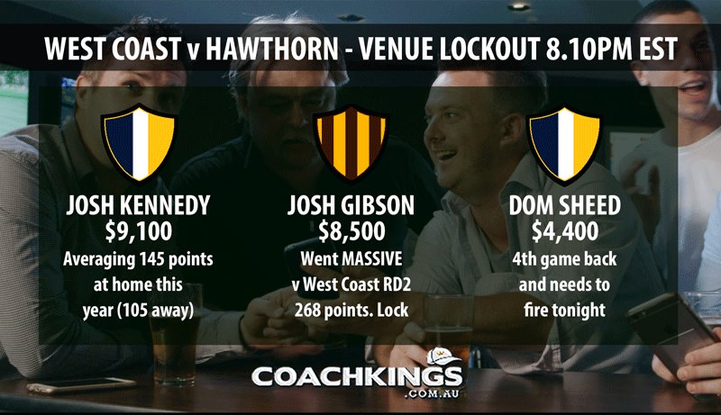 jock_reynolds's tweet photo. Can't wait for tonight - Gibbo scored 268 #CoachKings last time they met West Coast. One of my first picked https://t.co/g1zDyOGZYx