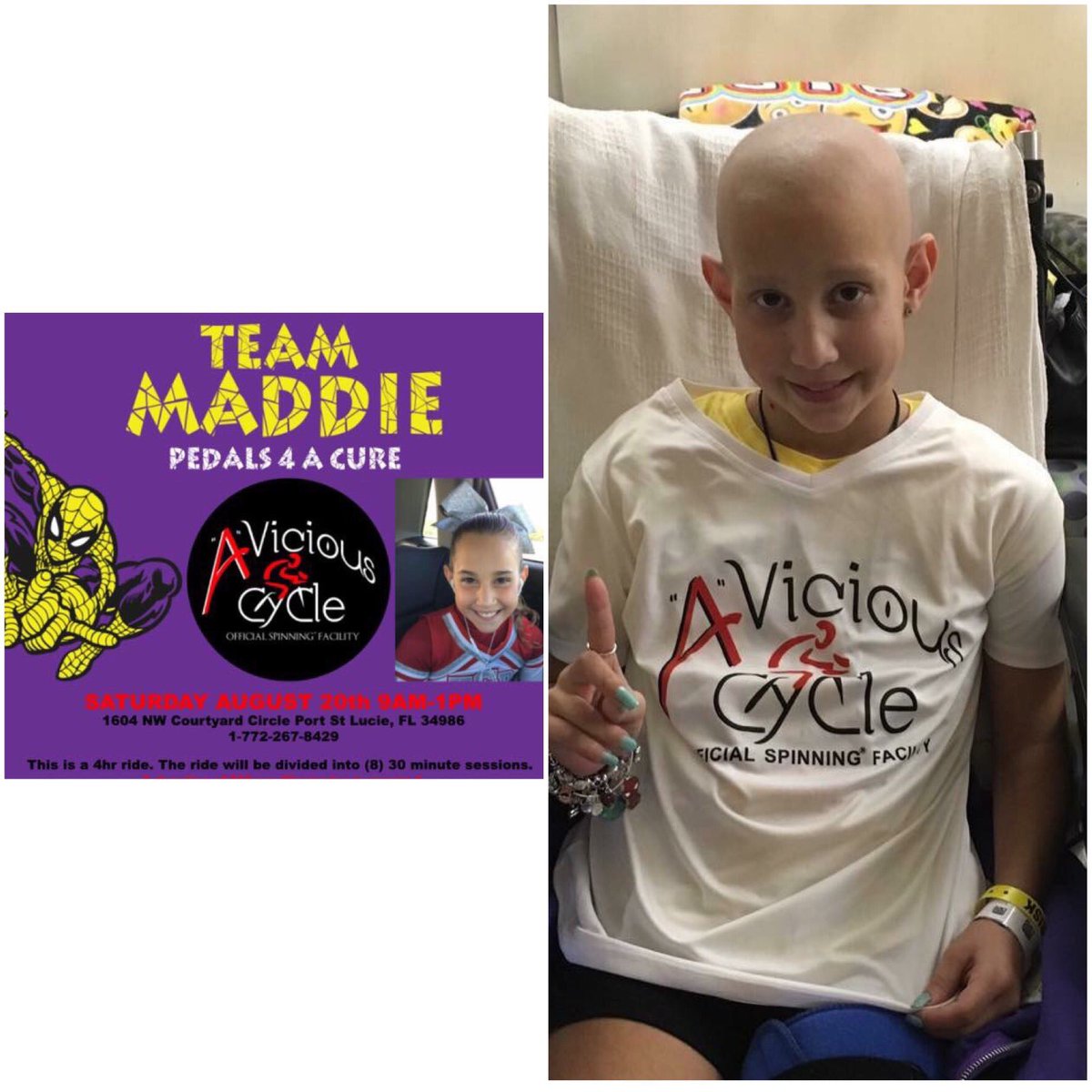 OfficialMFF06's tweet photo. TEAM MADDIE PEDALS 4 A CURE, Come on out & support #maddiesfight this Sat Aug 20th, 9am-1pm. TYSM #aviciouscycle
💜💛 https://t.co/stanAXBnBX