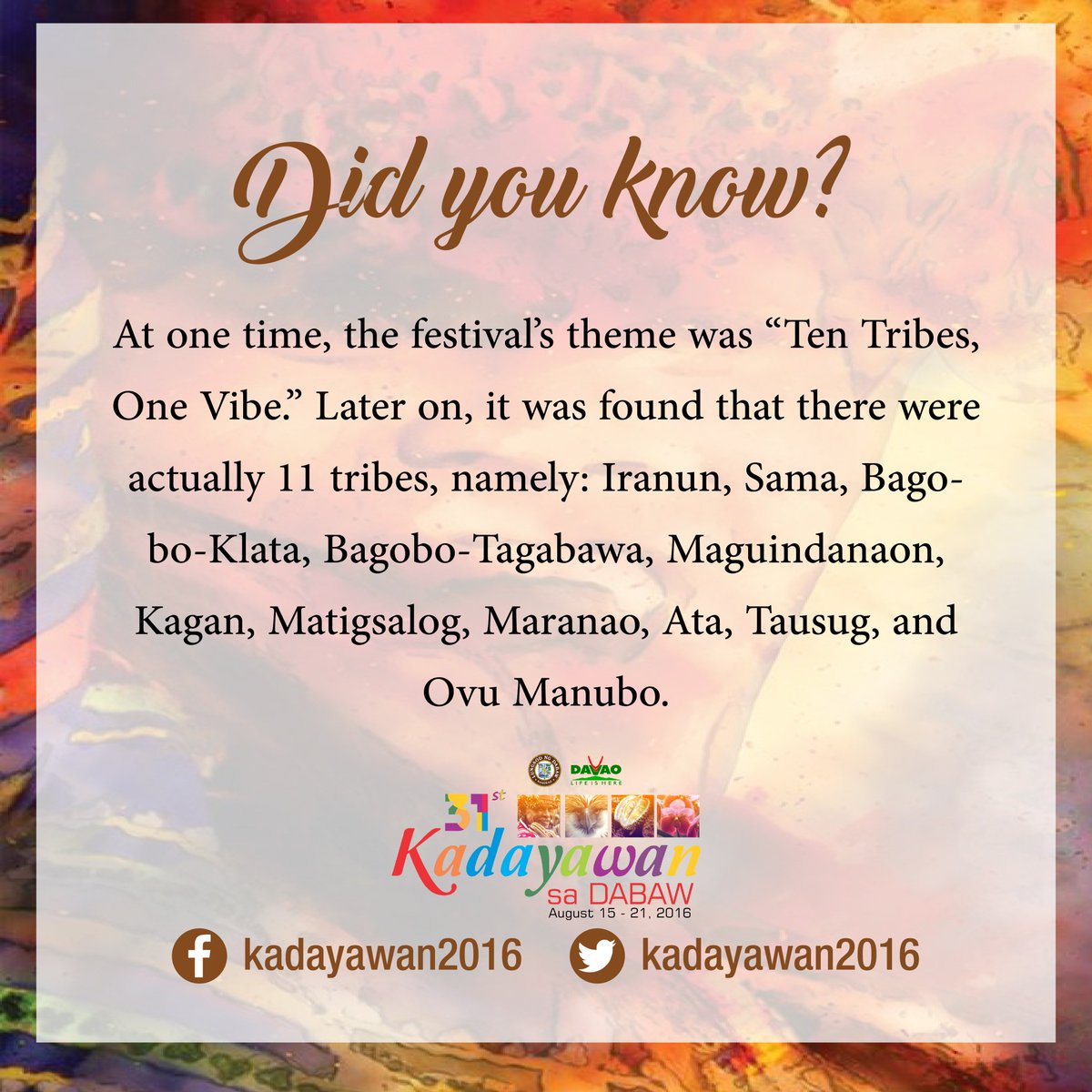 kadayawan2016's tweet photo. This Kadayawan 2016, we celebrate not just our city's bountiful harvest, but most especially the 11 Tribes of Davao! https://t.co/g6p5Ei4Rab