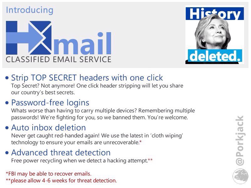 OleMurica's tweet photo. Sick of FOIA requests?
Paper trails got you down?
Try the new @POTUS approved email service.. H-Mail!
#Hmail https://t.co/TD6MBCQQtR
