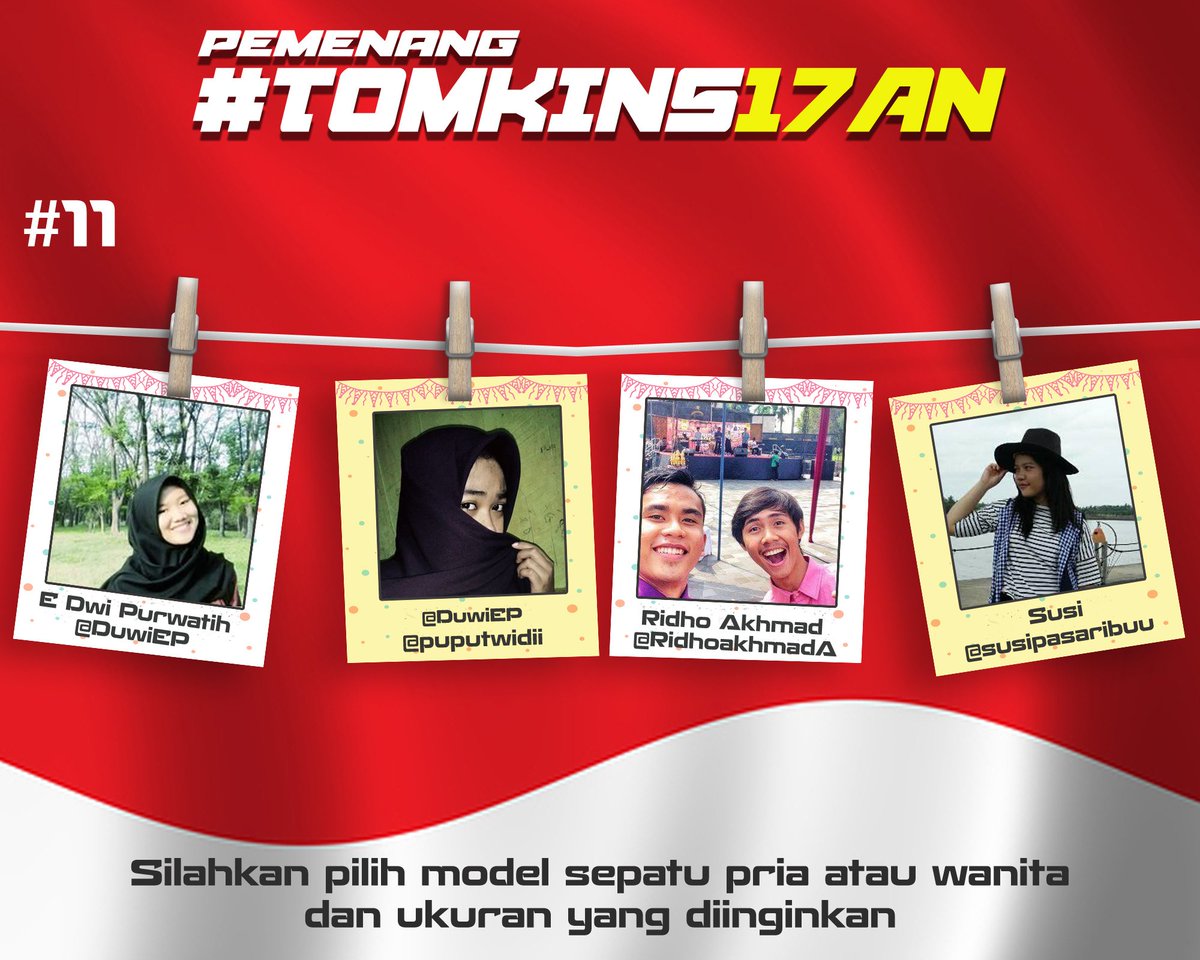 Selamat kepada <a href="/DuwiEP/">E.</a>, <a href="/puputwidii/">Puput</a>, <a href="/susipasaribuu/">Susi Pasaribu</a>, <a href="/RidhoakhmadA/">Ridho Akhmad Anwar</a> pemenang #TOMKINS17AN #11