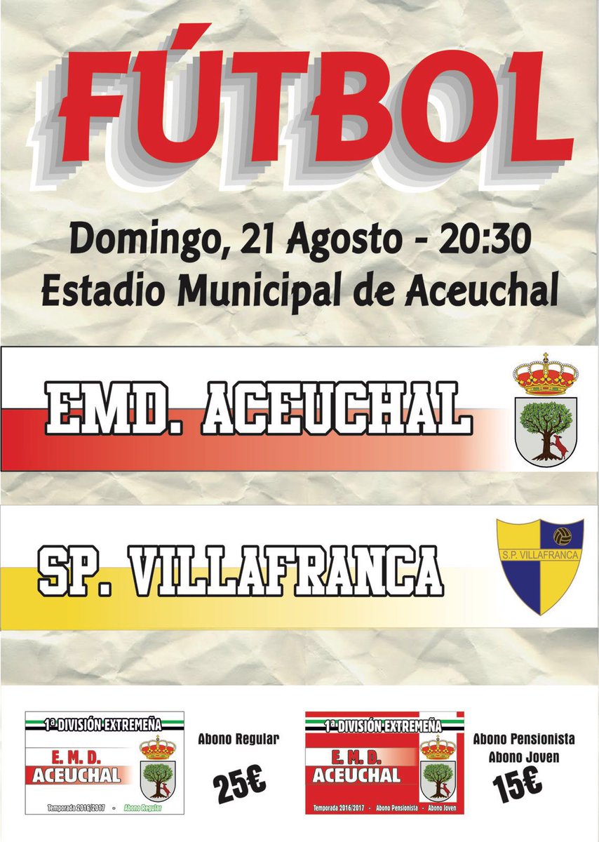 Pròximo amistoso en Aceuchal,el domingo.

<a href="/EmdAceuchal/">E.M.D.  Aceuchal</a> ---<a href="/SPVOFICIAL/">S.P. VILLAFRANCA</a> 

SOCIOS GRATIS
ENTRADA....3 € con consumicion