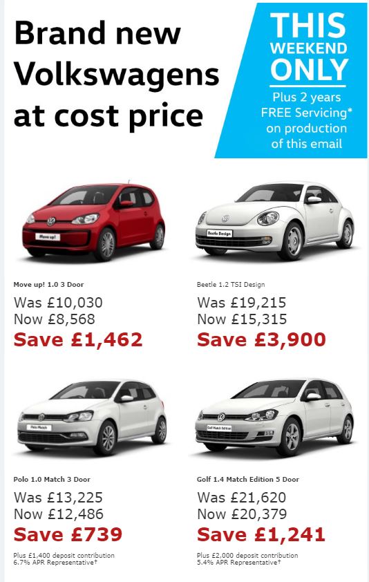 COST-PRICE cars at Stoke Volkswagen this weekend. Save upto £3,900 + 2 yrs free servicing goo.gl/TPve1v