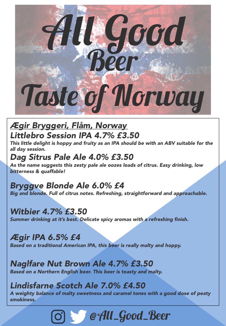 All_Good_Beer's tweet photo. Here is tomorrow's menu for #TasteOfNorway ft. @aegirbryggeri Find us @HiverBeers Arch (end of @MaltbyStMkt ) https://t.co/LM7waJrk9A